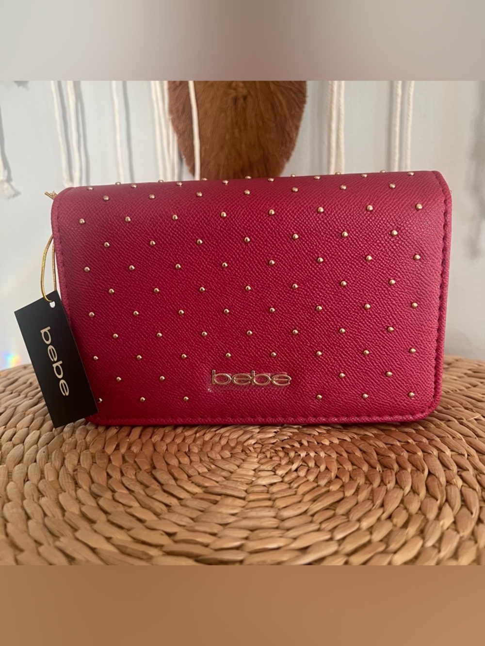 bebe Hot Pink Gold-Studded Wristlet Clutch
